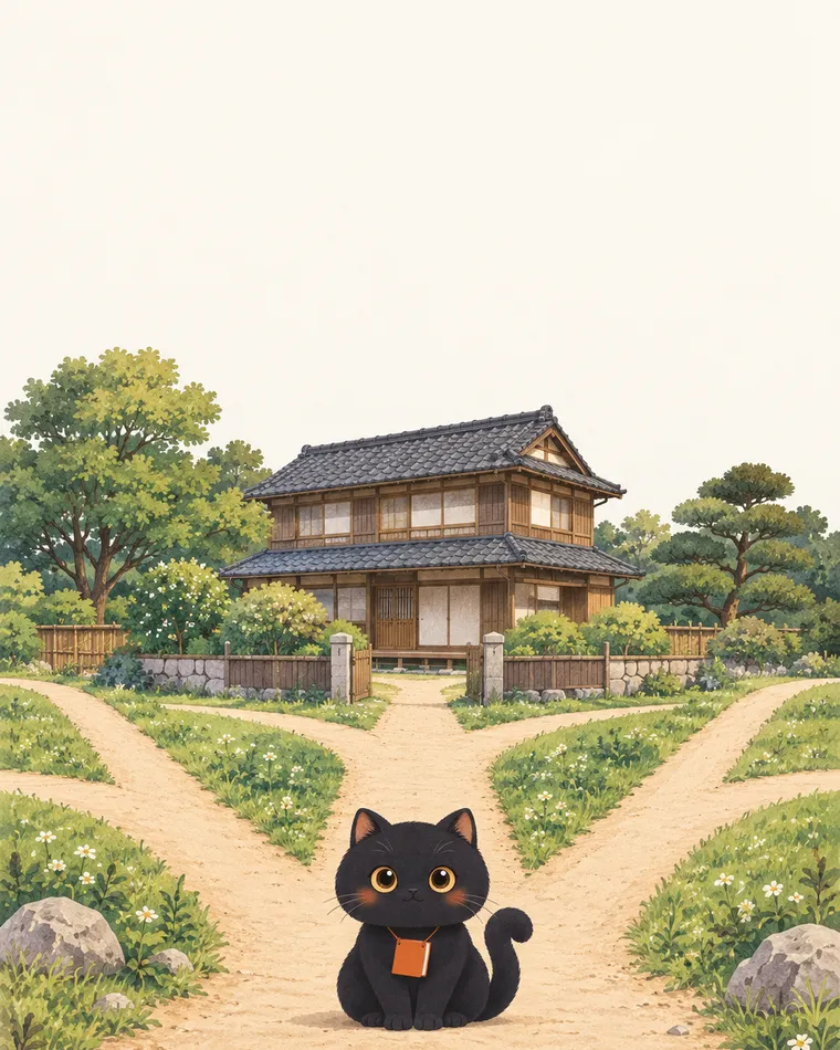 分かれ道の前に座る黒猫のくらふくと、その奥に建つ古い実家